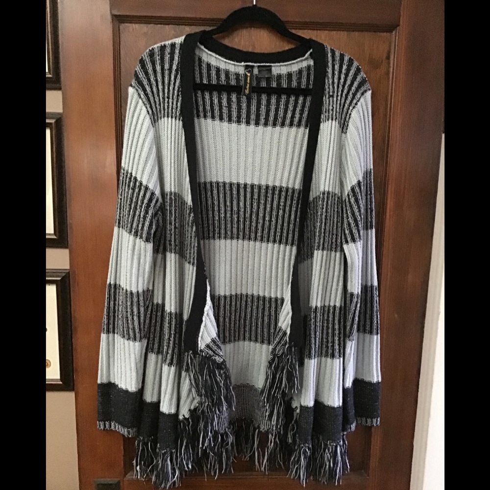 Black & Gray Rib Knit Flyaway Fringed Cardigan